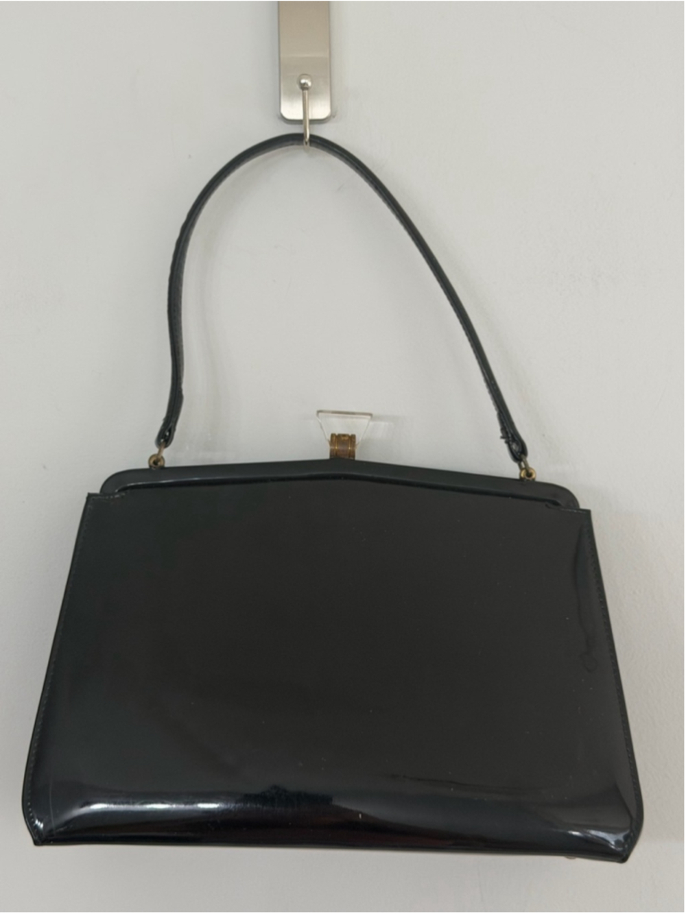 Vintage Theodor California Black Patent Leather Satin Lined Lucite Snap closure